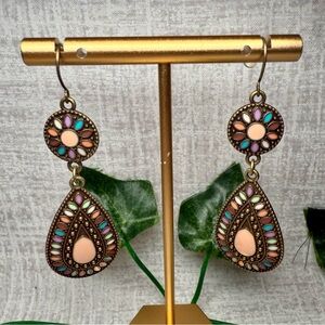 New Boho Teardrop Dangle Earrings w/Multicolor Floral Mosaic